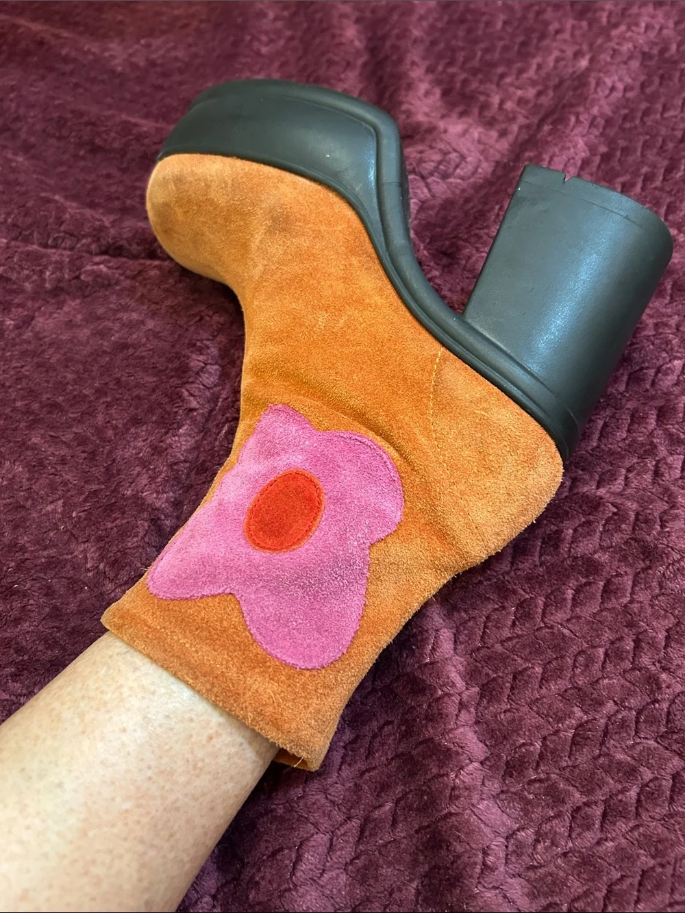 Halloween - Vintage Orange Suede Platform Ankle Boots with Pink Flower Accent